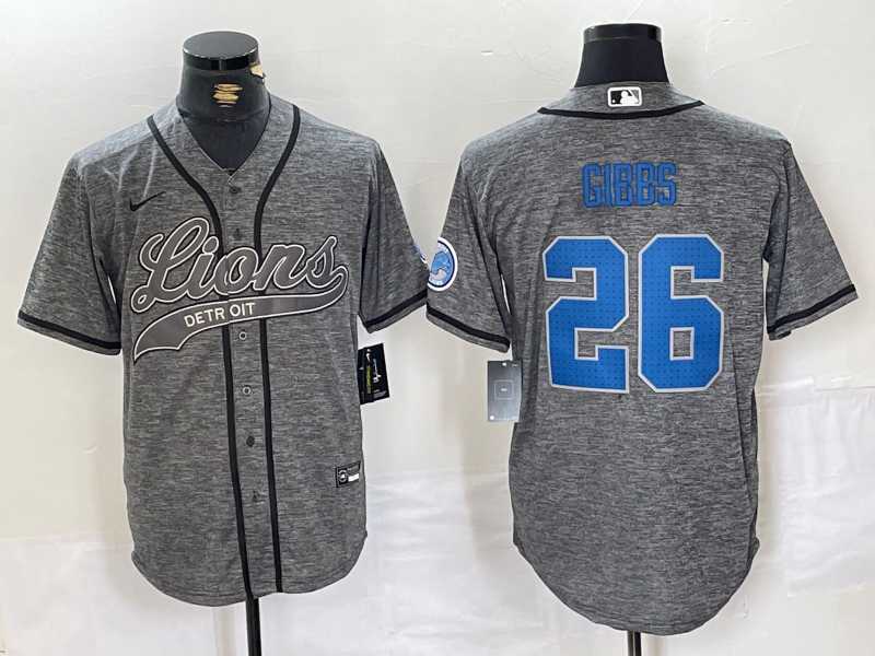 Men's Detroit Lions #26 Jahmyr Gibbs Grey Gridiron With Patch Cool Base Stitched Baseball Jersey,We sell and wholesale Men's Detroit Lions #26 Jahmyr Gibbs Grey Gridiron With Patch Cool Base Stitched Baseball Jersey on line form chian!